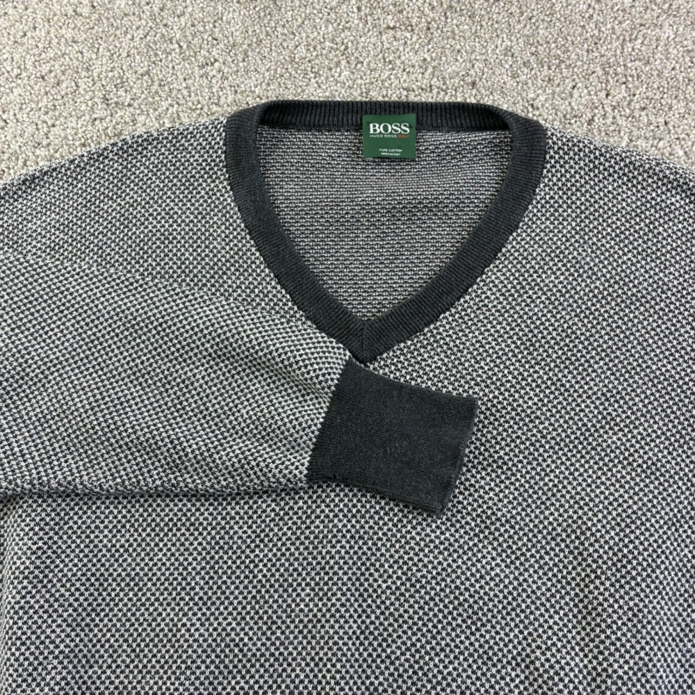 BOSS‎ Hugo Boss Mens L V Neck Black Sweater Cotton Geometric Pattern